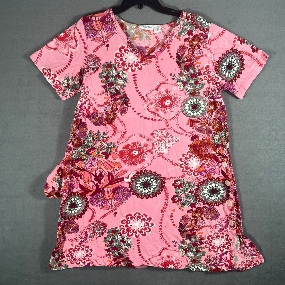 Coral Bay Womens Tunic Top XL Pink Floral Mandala Side Button Short Sleeve Vtg